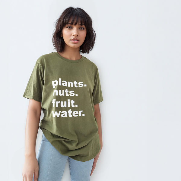 plants, nuts, fruit, and water tee